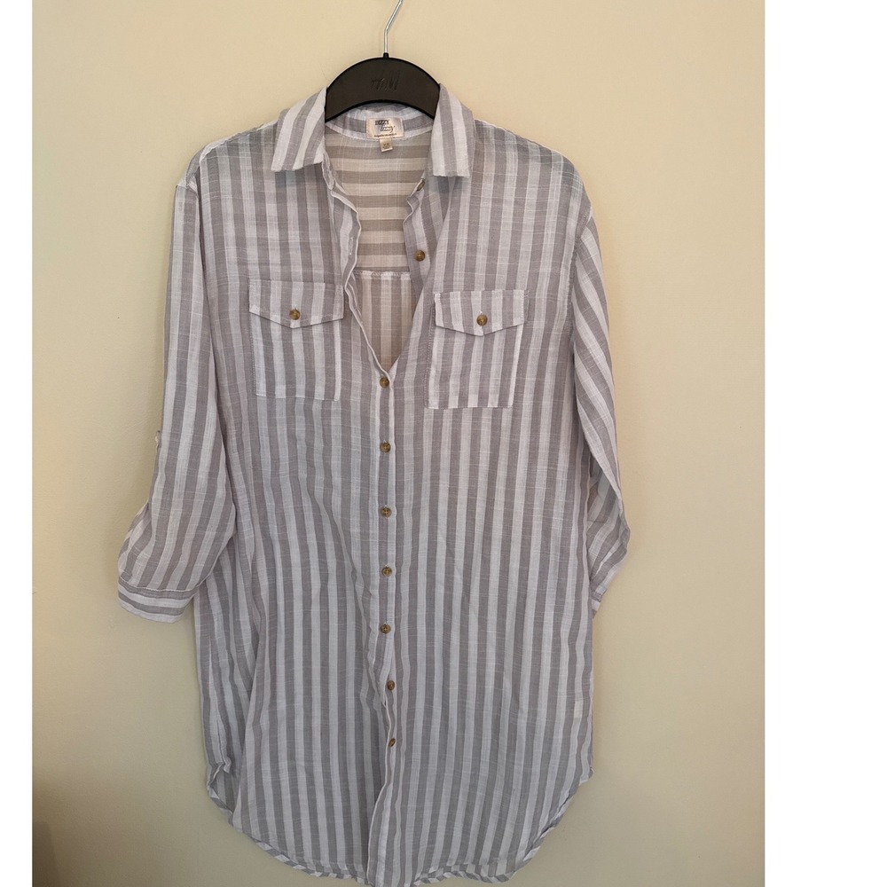Dizzy Lizzy Women Grey White Striped Button Down Tunic Shirt Roll Tab Sleeve XS